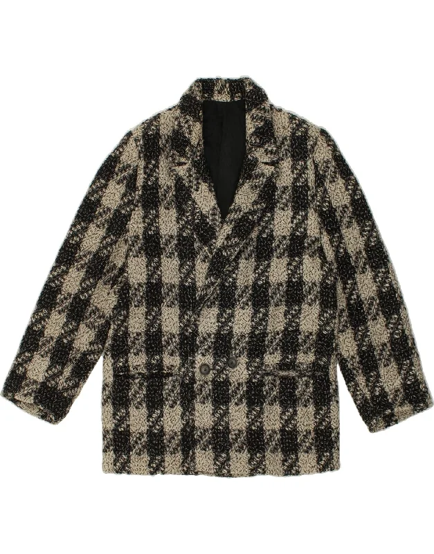 VINTAGE Womens Double Breasted Coat IT 44 Medium Grey Check Denim Leather Suede