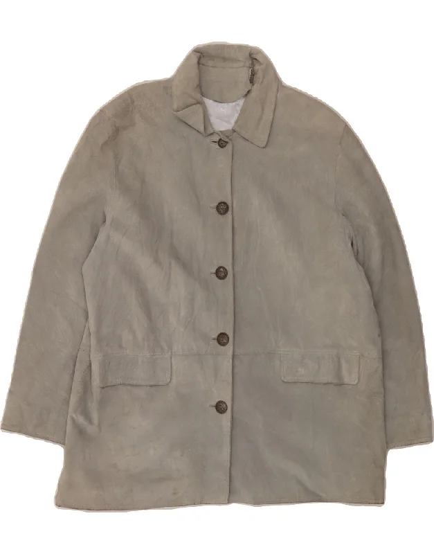 VINTAGE Womens Suede Coat IT 50 XL Grey Leather Jersey Tulle Batik