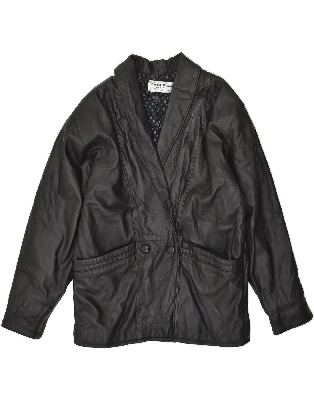 VINTAGE Womens Leather Coat UK 16 Large Black Leather Striped Polka Dot Solid