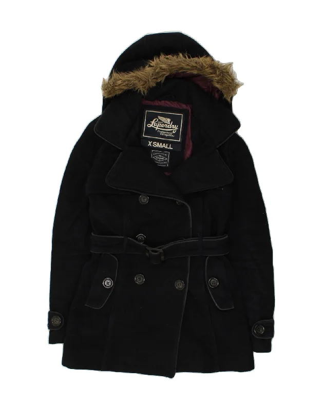 SUPERDRY Womens Hooded Pea Coat UK 6 XS Navy Blue Wool Buttoned Toggled Snapped