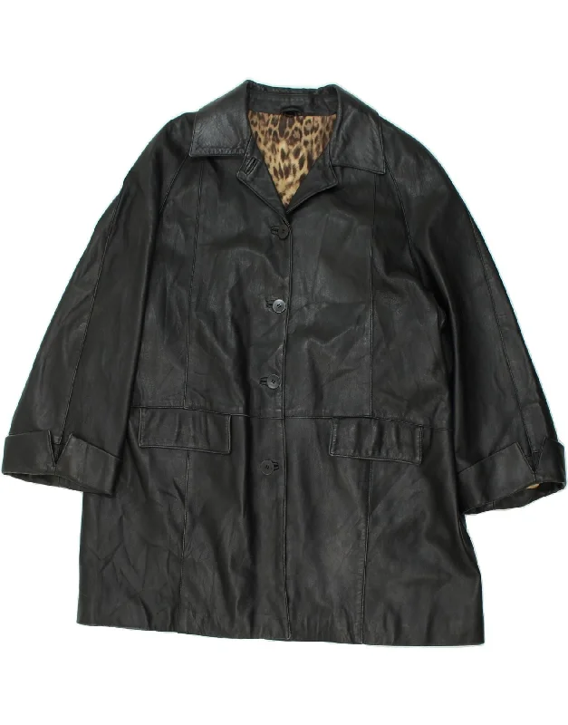 VINTAGE Womens Leather Coat UK 16 Large Black Quilted Jacket Anorak Windbreaker
