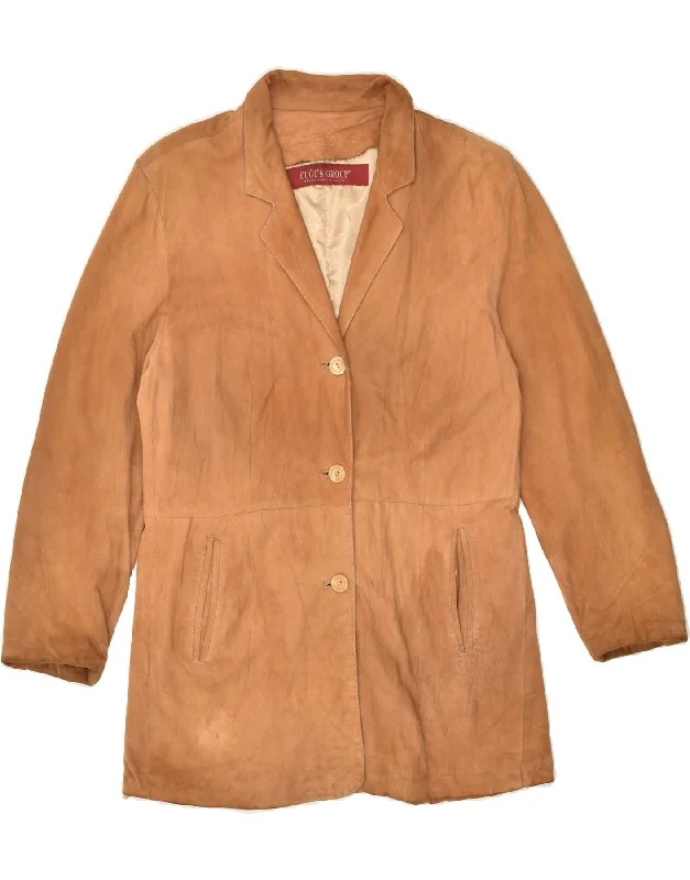 VINTAGE Womens Leather Coat IT 44 Medium Brown Leather Solid Print Jacquard