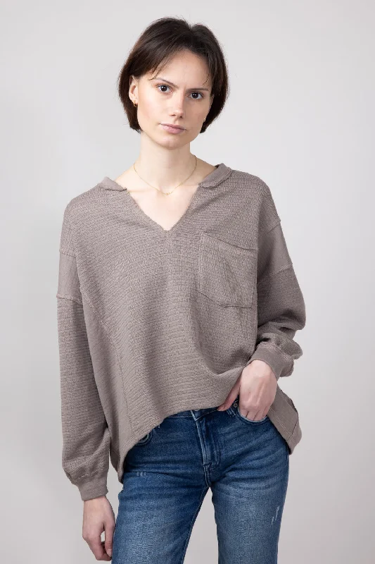 Blu Pepper Notched V-neck Knit Top for Women in Light Mocha | B3FT1034-LIGHTMOCHA Travel Knit Top