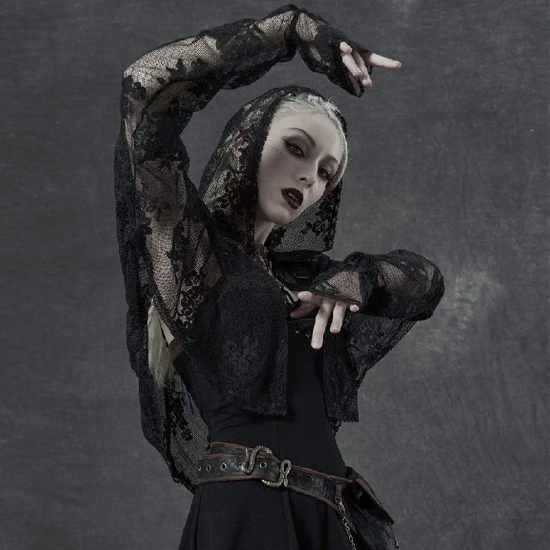 Women's Gothic Floral Lace Sheer Hooded Coats Peter Pan Collar Cowl Neck Turtleneck