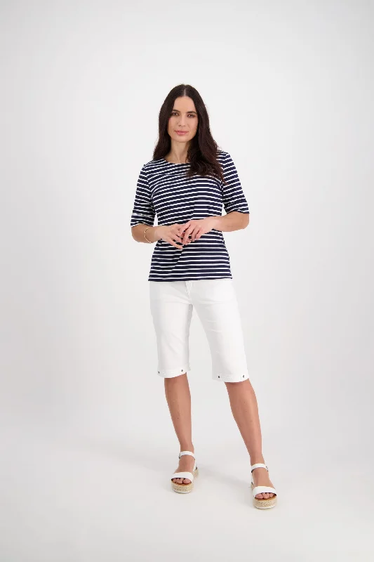 Vassalli Knit Top Boat Neck NAVY/WHITE STRIPE Round Neck Knit Blouse