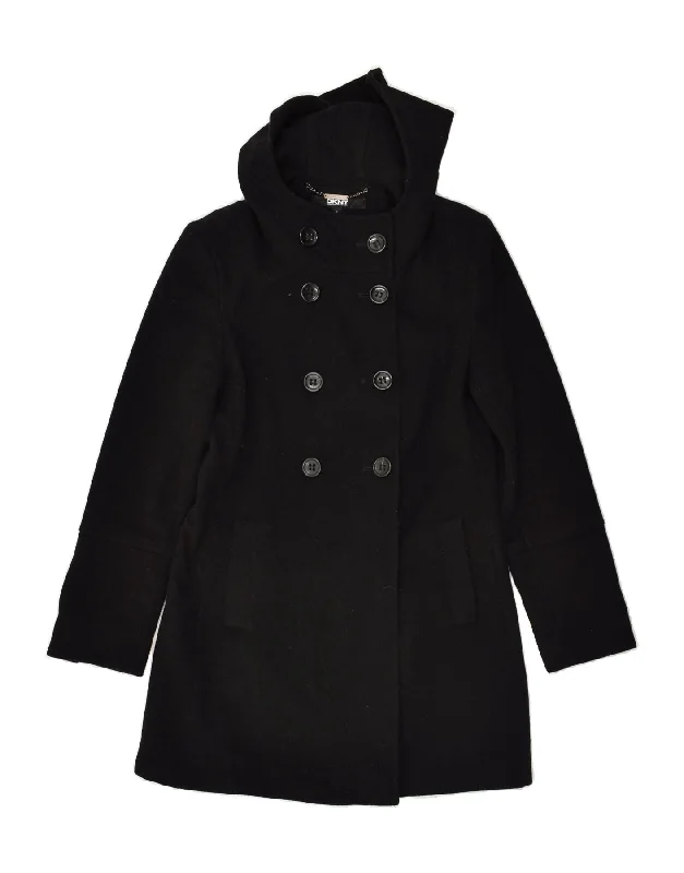 DKNY Womens Hooded Double Breasted Coat US 6 Medium Black Wool Crew Neck V-Neck Boat Neck DKNY Womens Hooded Double Breasted Coat US 6 Medium Black Wool Crew Neck V-Neck Boat Neck