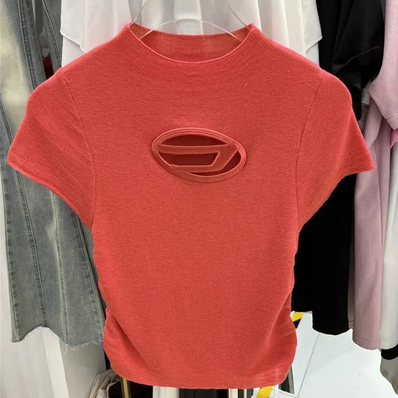 Women's Short Sleeve Solid Color Knit Top - Free size - 443110 Stylish Knit Top