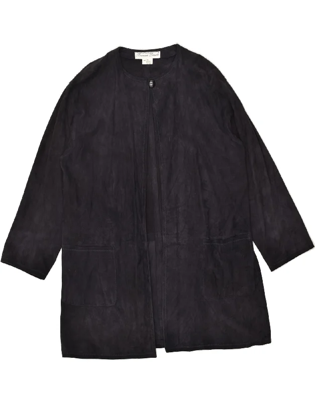 VINTAGE Womens Leather Coat EU 42 Large Navy Blue Leather Suede Faux Fur Shearling