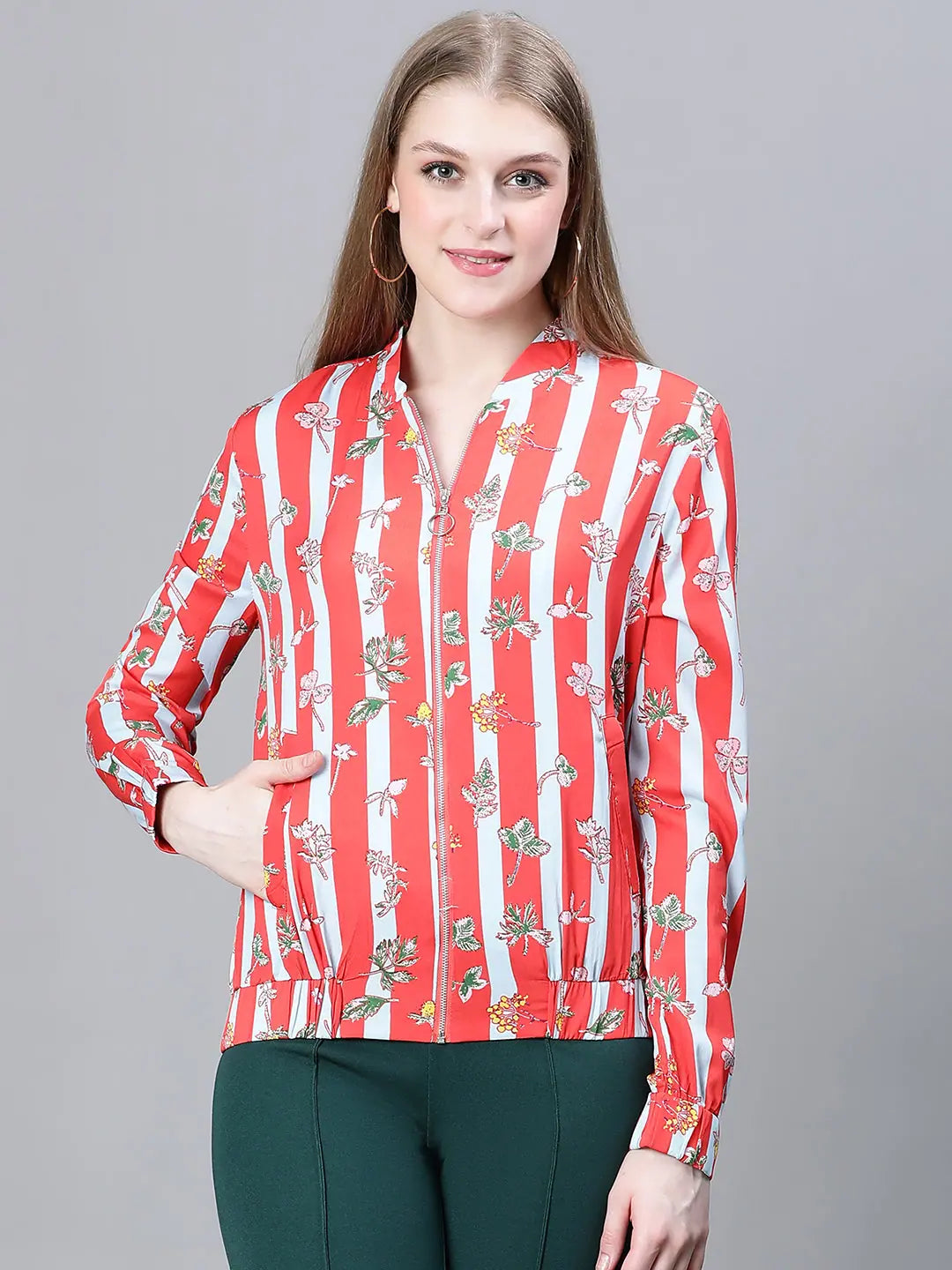 Women Printed Standard Red Full Sleeve Jacket Front Pockets Side Pockets Patch Pockets Front Pockets Side Pockets Patch Pockets Women Printed Standard Red Full Sleeve Jacket Front Pockets Side Pockets Patch Pockets Front Pockets Side Pockets Patch Pockets