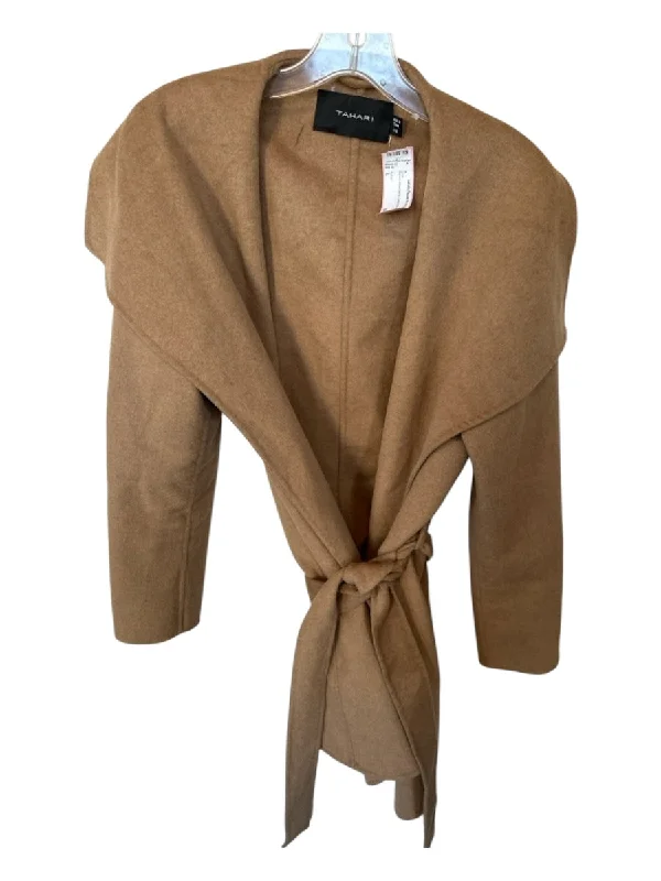 Tahari Size L Camel Wool Blend Collar Belted Coat Trench Raincoat Windbreaker