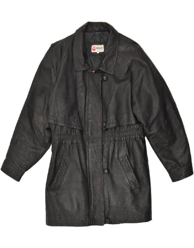 VINTAGE Womens Leather Coat UK 16 Large Black Leather Vent Hem Cuff