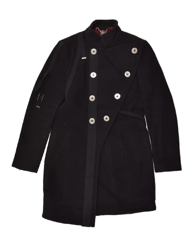 DONDUP Womens Double Breasted Coat IT 42 Medium Black Wool Boat Shawl Notched