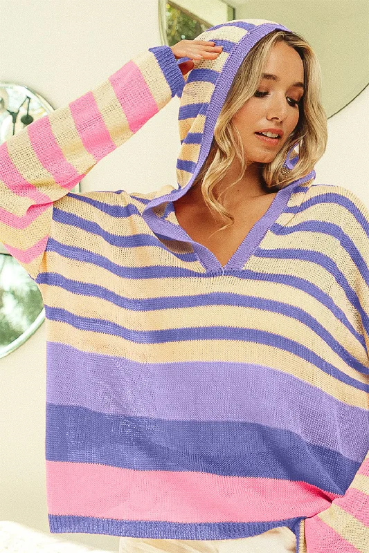 Lena Striped Color Block  Hooded Knit Top Casual Knit Blouse