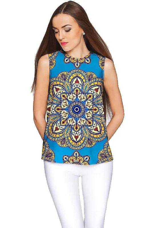 Boho Chic Emily Blue Sleeveless Stretchy Knit Top - Women Asymmetrical Knit Blouse