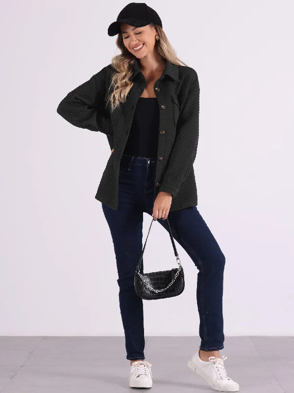 Pockets Loose Button Down Long Sleeve Textured Shirt Shacket Jacket Welt Pockets Slit Pockets Flap Pockets Welt Pockets Slit Pockets Flap Pockets