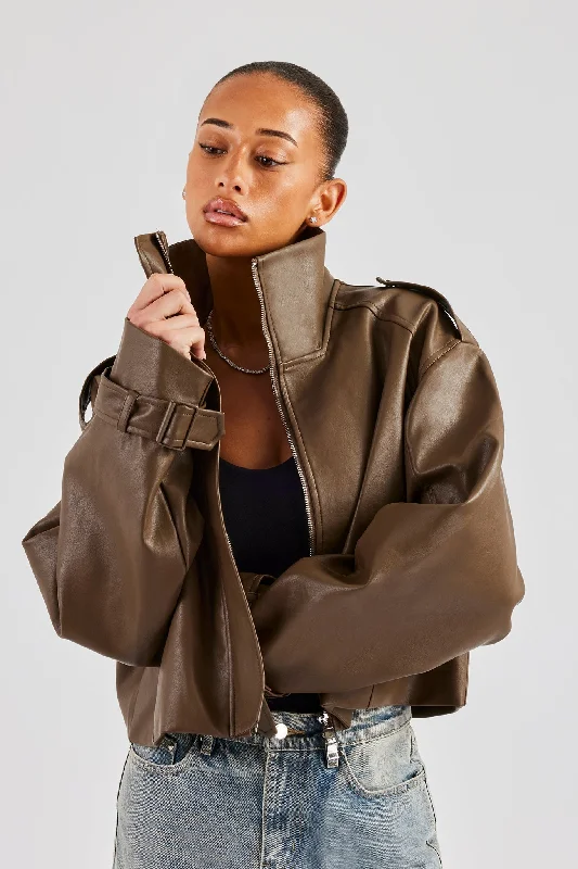 Ladies Cropped Faux Leather Trench Coat - Brown Boat Shawl Notched