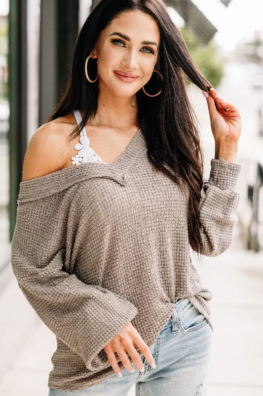 Here For You Mocha Brown Waffle Knit Top Ash Gray Knit Top