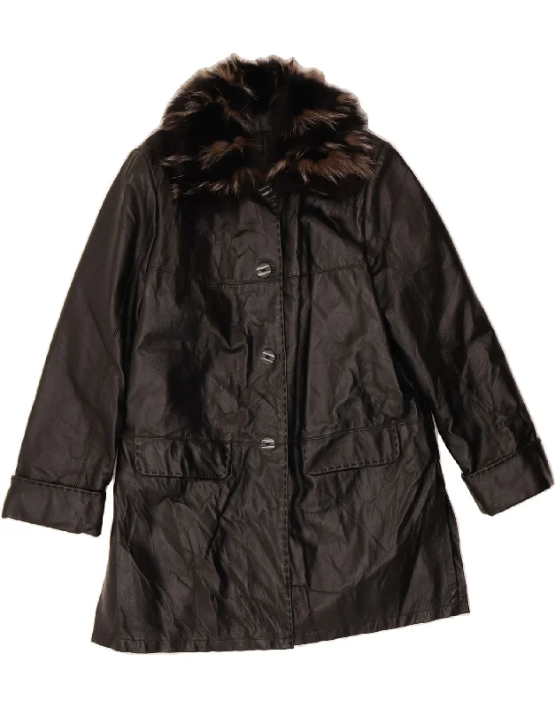 LA PELLE Womens Leather Coat IT 46 Large Black Leather Trench Wool Cashmere