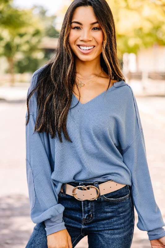 Notice You Denim Blue Waffle Knit Top Burgundy Knit Shirt