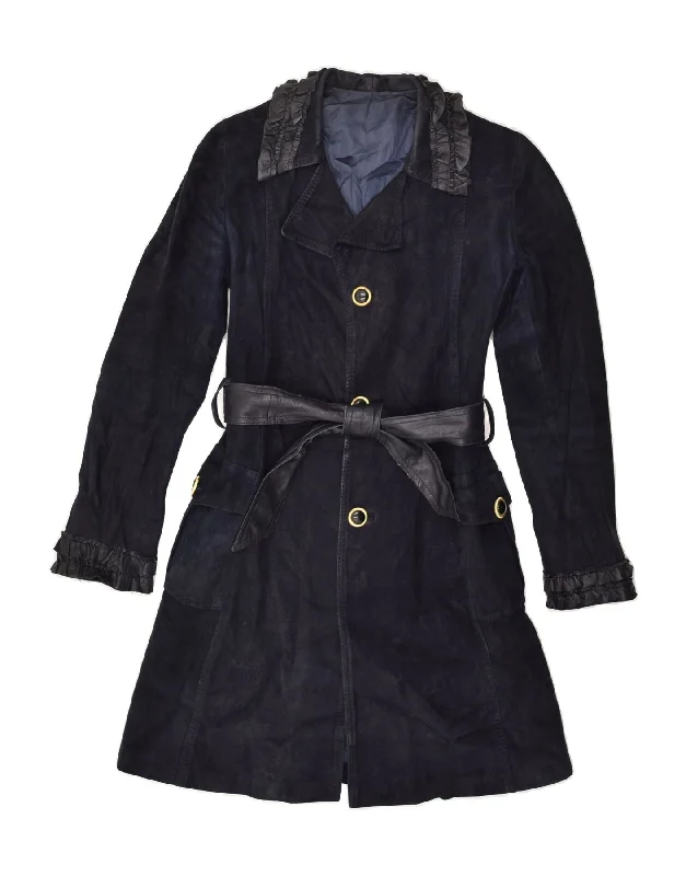 VINTAGE Womens Leather Coat UK 10 Small Navy Blue Leather Crew Neck V-Neck Boat Neck VINTAGE Womens Leather Coat UK 10 Small Navy Blue Leather Crew Neck V-Neck Boat Neck