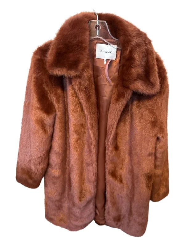 Frame Size M Rust Faux Fur Collar Coat Buttoned Zippered Snapped