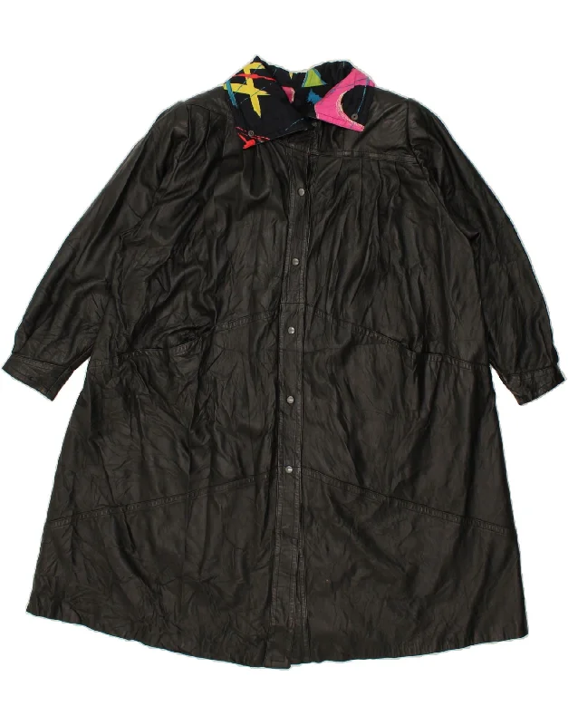 VINTAGE Womens Oversized Leather Coat UK 18 XL Black Leather Kimono Robe Cloak
