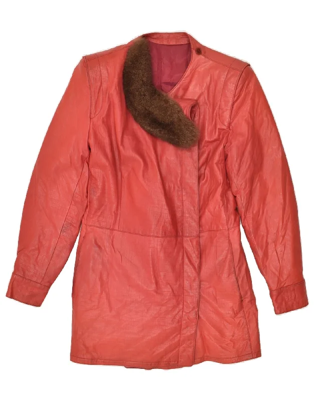 VINTAGE Womens Leather Coat UK 12 Medium Red Leather Stand-Up Roll-Neck Turtle