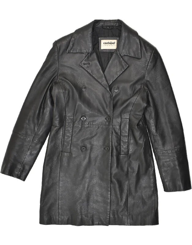 CONBIPEL Womens Leather Coat IT 42 Medium Black Leather Buttoned Toggled Snapped