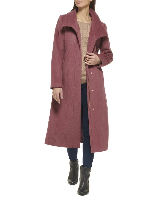 Cole Haan Slick Wool-Blend Long Zip-Up Coat Nylon Polyester Spandex