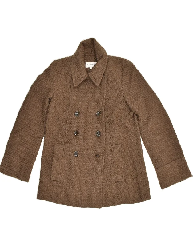 CALVIN KLEIN Womens Pea Coat US 8 Medium Brown Polyester Mesh Canvas Denim