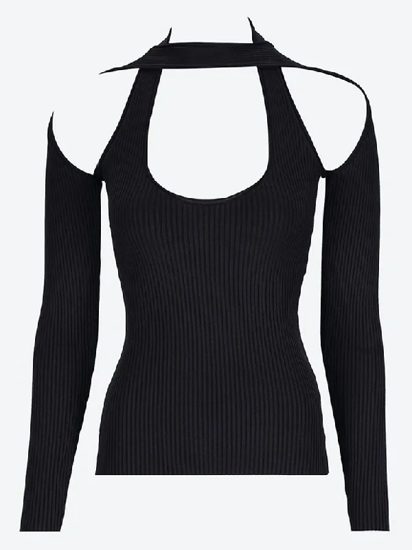 Long sleeve cut-out knit top Soft Knit Shirt