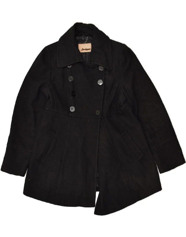 GUESS Womens Double Breasted Coat UK 18 XL Black Wool Vent Hem Cuff