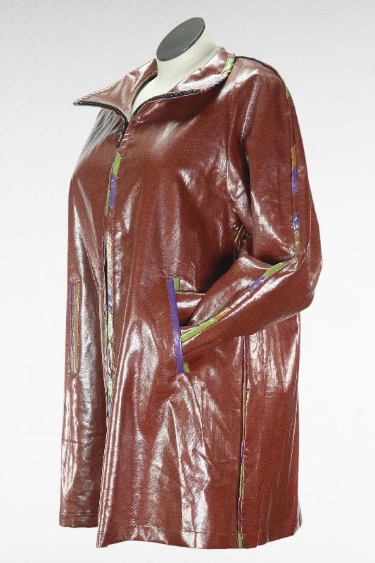 90s Marylou Brown Leatherette Flare Coat      M Houndstooth Coat Plaid Coat Tartan Coat
