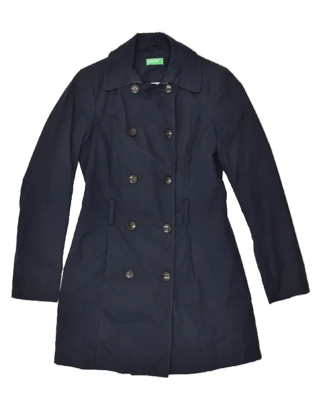 BENETTON Womens Pea Coat UK 6 XS Navy Blue Cotton Tweed Herringbone Houndstooth