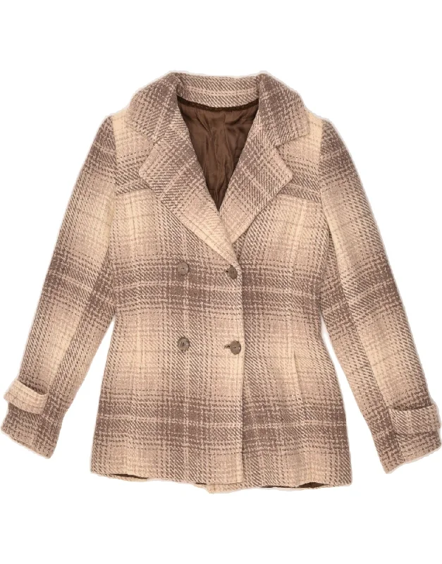 VINTAGE Womens Pea Coat UK 10 Small Beige Check Zip Front Button Front Snap Front