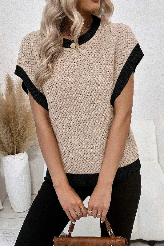 Diana Contrast Round Neck Cap Sleeve Knit Top Comfortable Knit Tee
