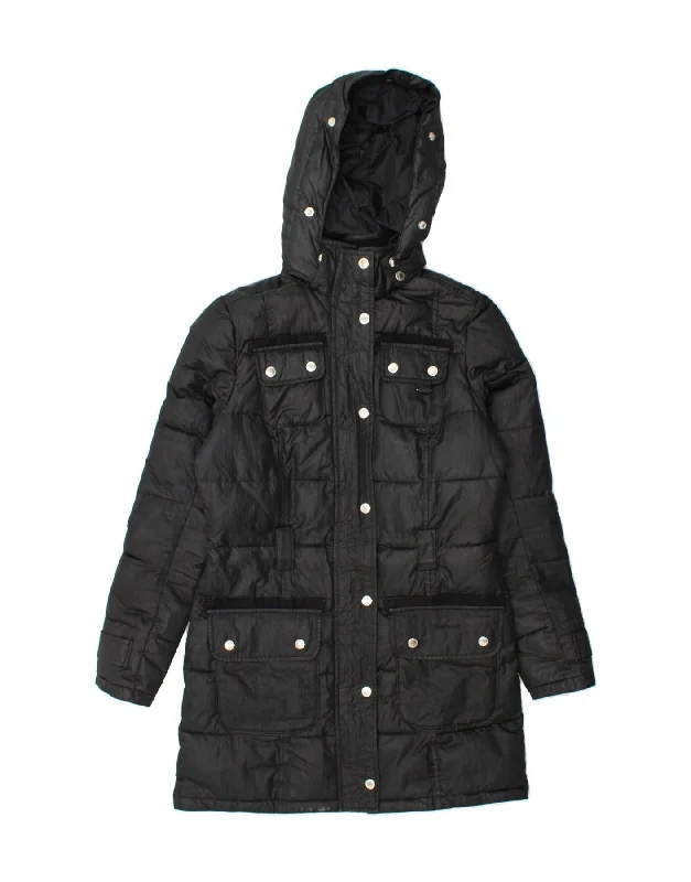 BARBOUR Womens Hooded Padded Coat UK 8 Small  Black Hook-and-Loop Buckled Tied