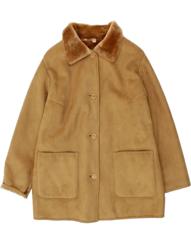 VINTAGE Womens Shearling Coat IT 48 XL Beige Shearling Pleated Ruffled tiered