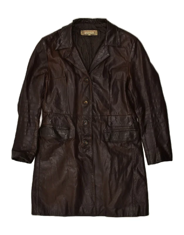 PIAZZA ITALIA Womens Leather Coat IT 44 Medium Brown Leather Plaid Tartan Floral