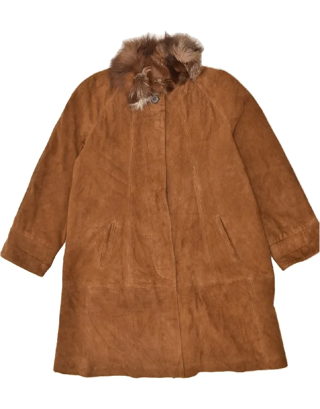 VINTAGE Womens Oversized Leather Coat IT 42 Medium Brown Leather Jersey Tulle Batik