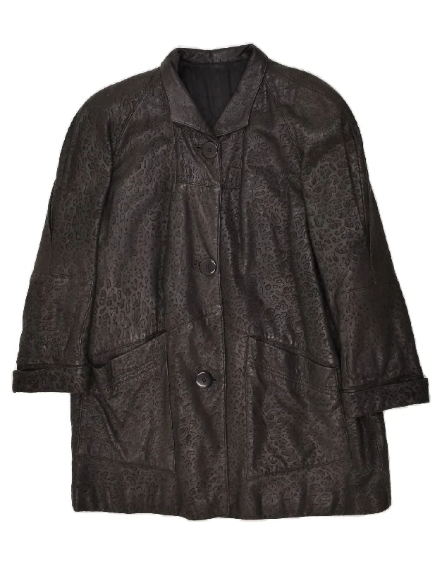 VINTAGE Womens Loose Fit Leather Coat EU 44 XL Black Animal Print Leather Hook-and-Loop Buckled Tied VINTAGE Womens Loose Fit Leather Coat EU 44 XL Black Animal Print Leather Hook-and-Loop Buckled Tied