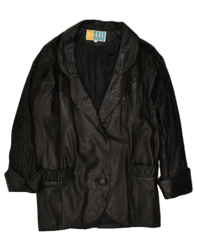 VINTAGE Womens Leather Coat UK 10 Small Black Leather Nylon Polyester Spandex