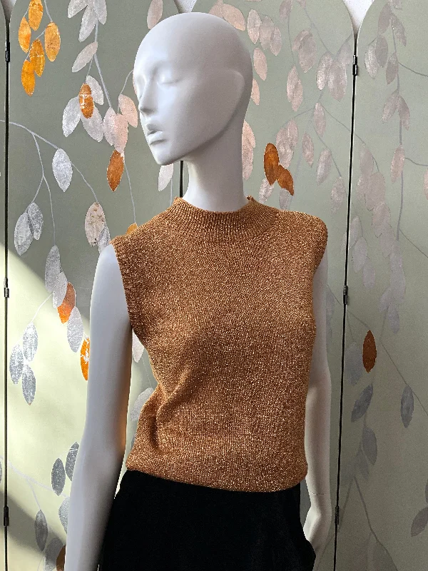 Vintage 1990s Gold Mock Neck Sleeveless Knit Top, S-M Recycled Knit Tee
