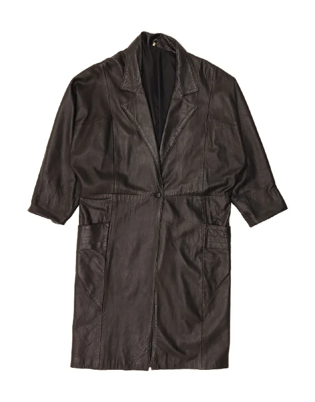 VINTAGE Womens Leather Coat US 12 Large Black Leather Pleated Ruffled tiered