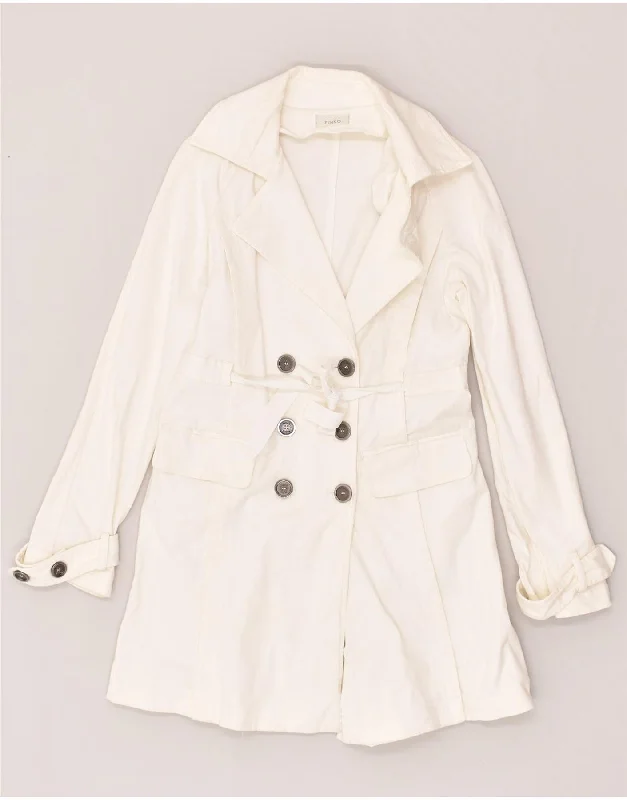 PINKO Womens Double Breasted Coat UK 10 Small White Cotton Tie-Waist Belted Drawstring PINKO Womens Double Breasted Coat UK 10 Small White Cotton Tie-Waist Belted Drawstring