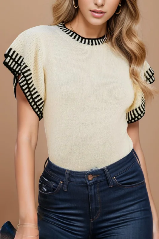 Kim Contrast Trim Round Neck Short Sleeve Knit Top Spring Knit Blouse