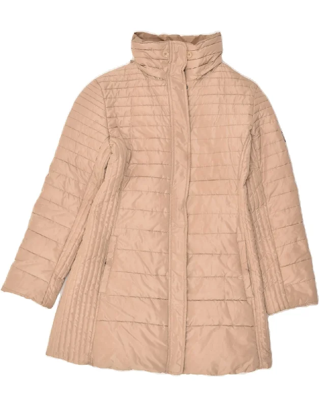 ARMANI Womens Padded Coat US 10 Large Beige Polyester Embroidered Appliqued Beaded