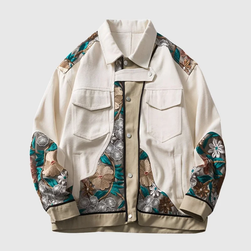 Unisex Loose Fit Shirt Style Jacket Whit Embroidered Flowers Snapped Jacket Toggled Jacket Drawstring Jacket Snapped Jacket Toggled Jacket Drawstring Jacket