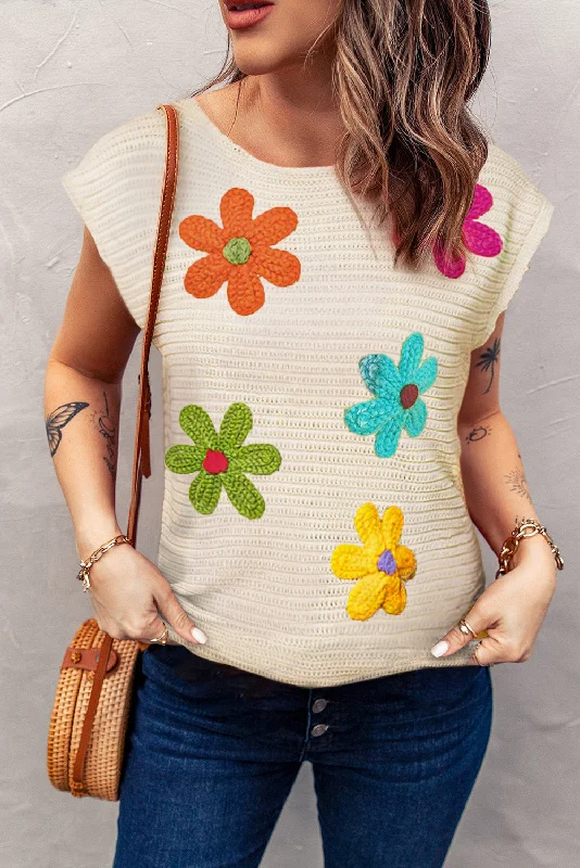 Sutton Flower Round Neck Cap Sleeve Knit Top Long Sleeve Knit Tee
