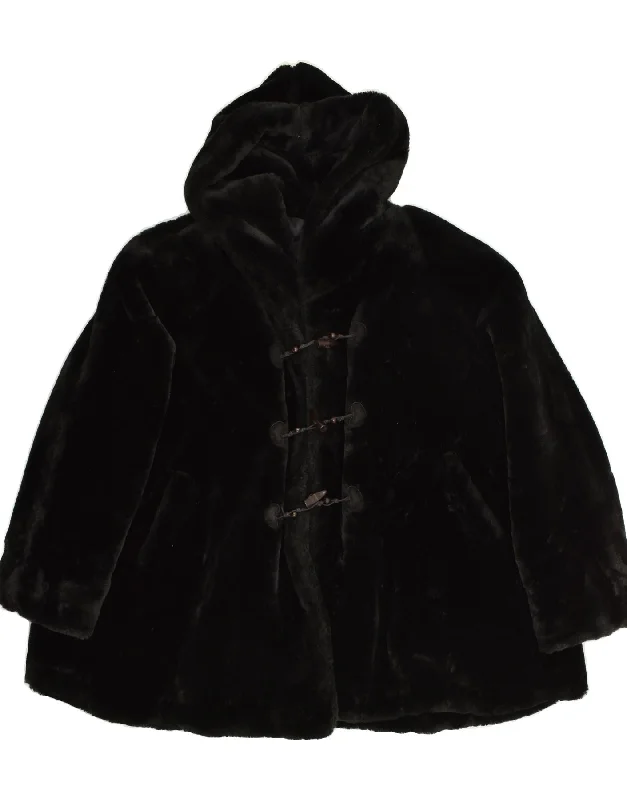 VINTAGE Womens Hooded Faux Fur Duffle Coat UK 20 2XL Black Acrylic Tailored Straight A-Line VINTAGE Womens Hooded Faux Fur Duffle Coat UK 20 2XL Black Acrylic Tailored Straight A-Line